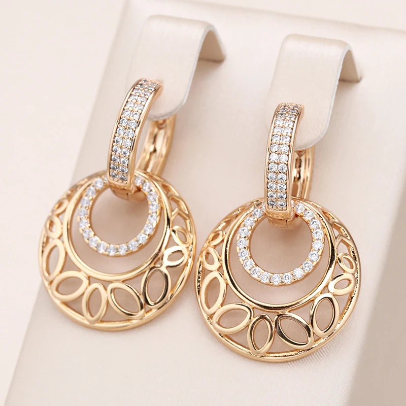 Women's Unusual Metal Sculpture Flower Natural Zircon 585 Rose Gold Dangle Earrings