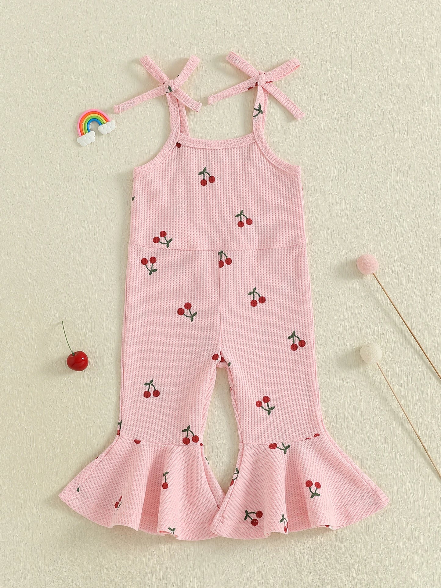 0-5Y Kids Girls Summer Jumpsuit Tie-up Spaghetti Straps Cherry Print Flare Romper Pants