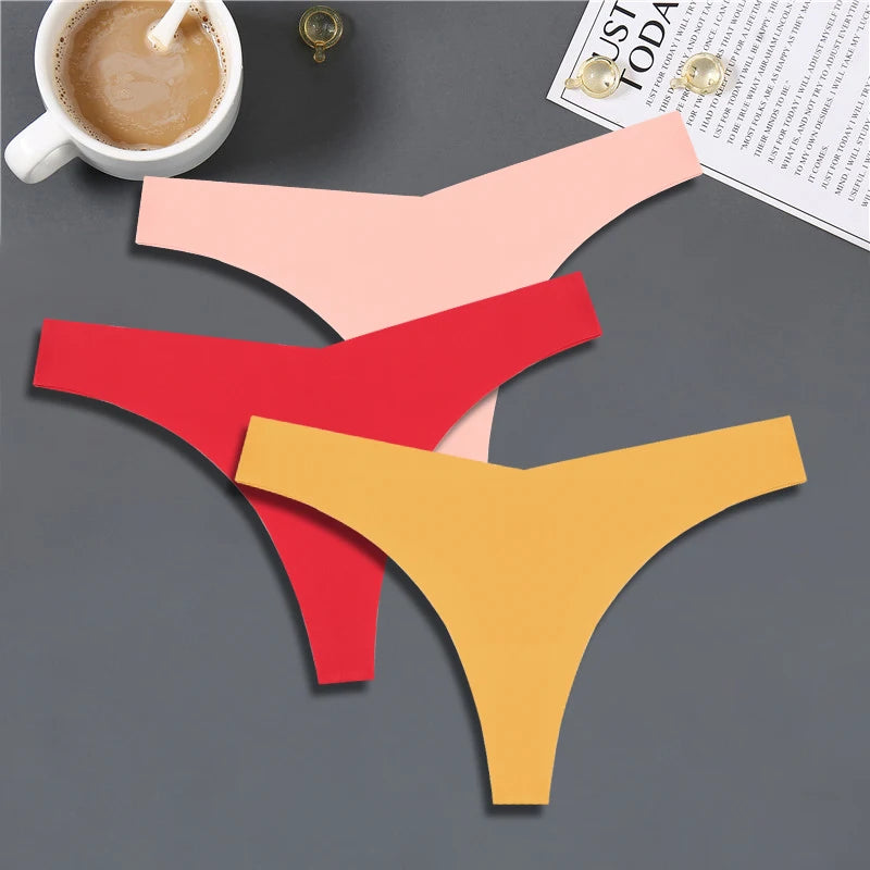 3PCS Women Ice Silk Seamless Underpants Panties, V-Waist Sport Thongs Low Rise 10 Solid Colours Breathable G-string