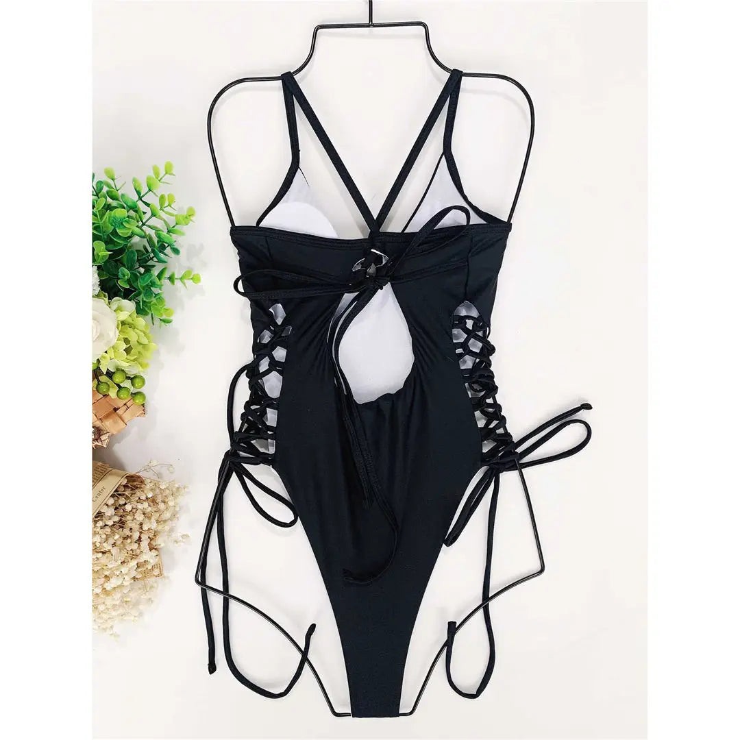 Women's Lace Up Underwired One Piece Swimwear Backless Swimsuit