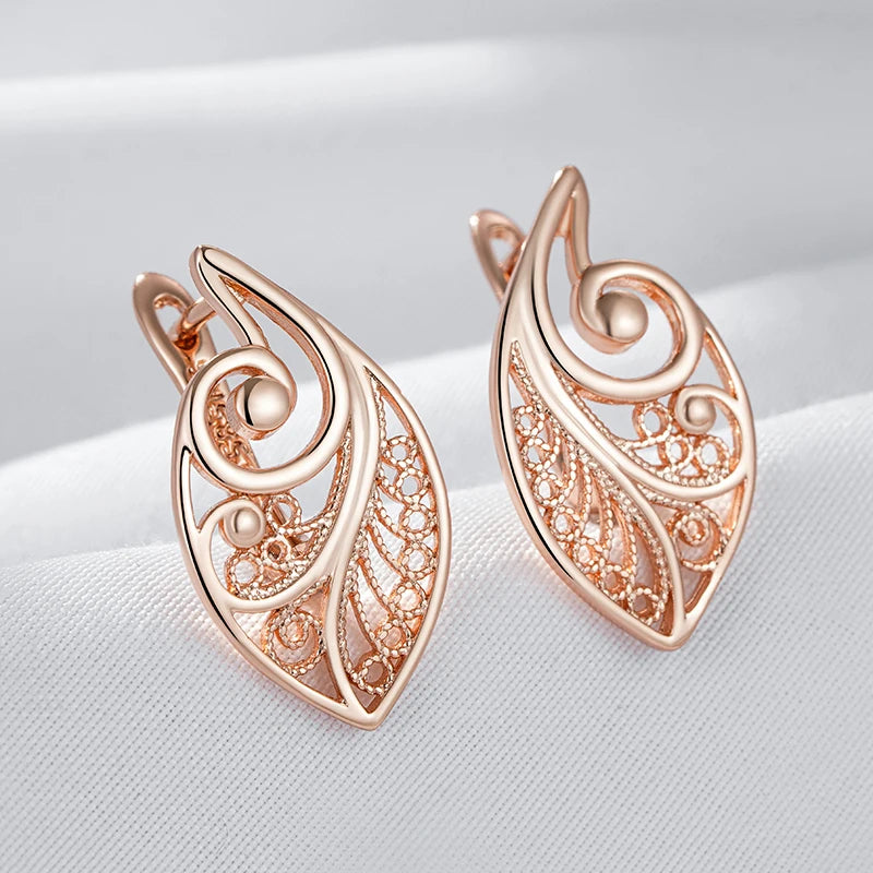 Women's Glossy 585 Rose Gold Colour Ethnic Bridal Unusual Hollow Flower Drop Earrings