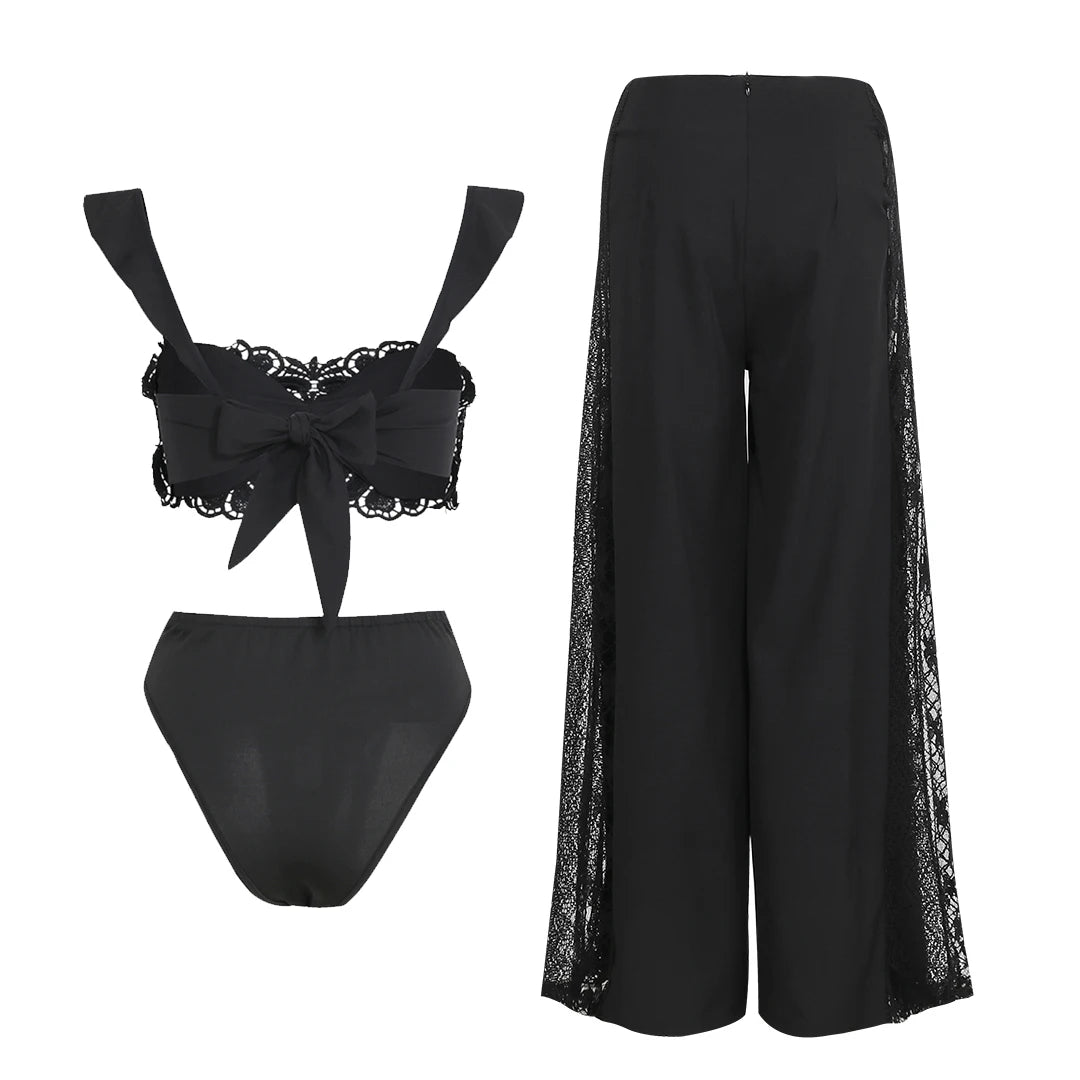 Women's Strapless Tie-Flower Crop Top & High Waist Wide Leg Trousers Set