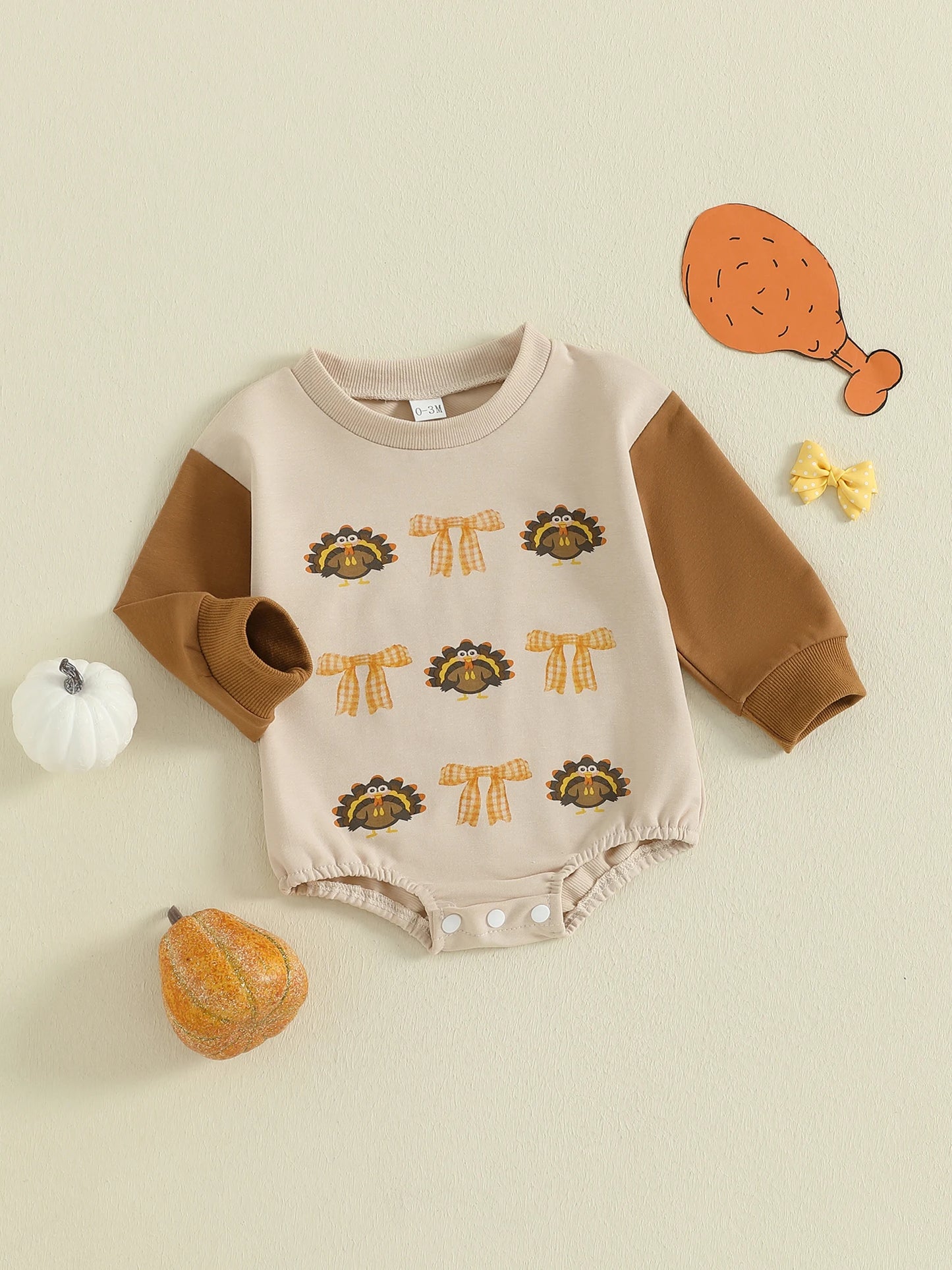 Baby Thanksgiving Romper - Bow Turkey Print Long Sleeve Bodysuit