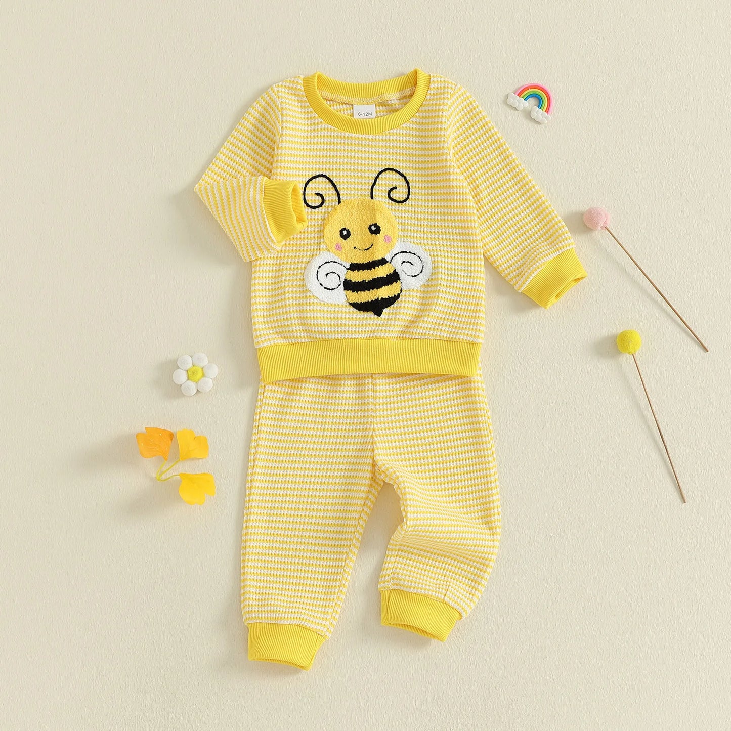 Toddler Autumn Winter Clothes Set - Striped Bee Embroidery Sweatshirt & Elastic Pants (0-3Y)