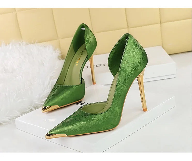 Women's 11CM Heels Silks Satins Metal Pointed Toe High Heels Shoes