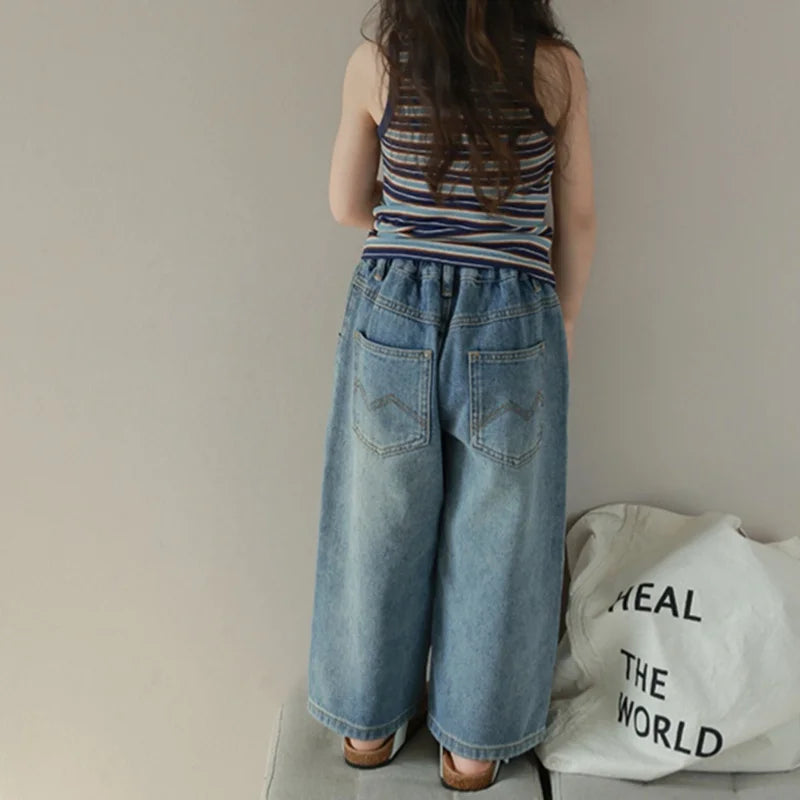 Girl's High Waist Wide-Leg Denim Jeans for 3-8Yrs Old