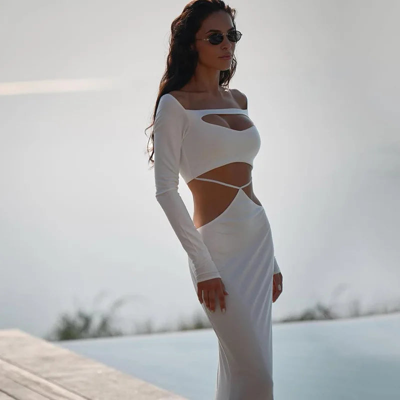 Women's Off Shoulder Cut Out Maxi Dress - Bandage Long Sleeve Gown
