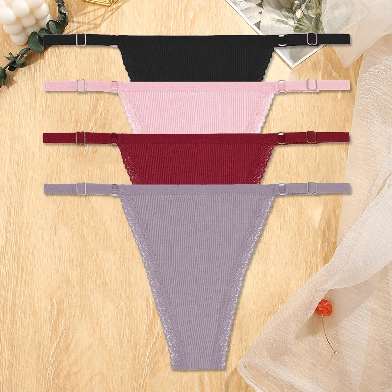 Women's Cotton Thongs 4-Piece Set - Adjustable Waistband Low-Rise Underwear