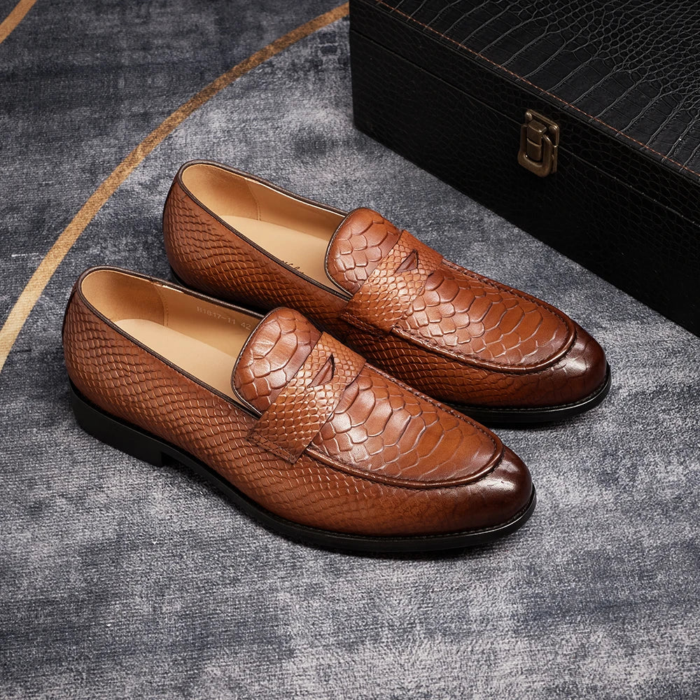 Men's Genuine Leather Snake Pattern Loafers – Pointed Slip-On Dress Shoes