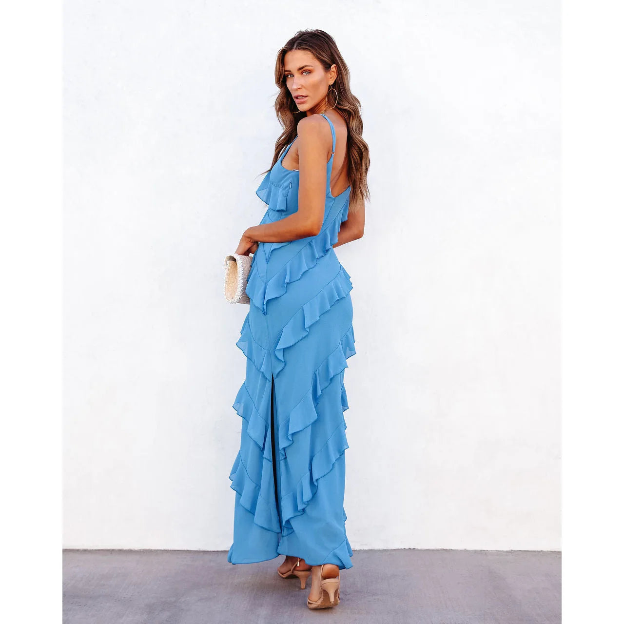 Women's Spaghetti Strap Draped Maxi Dress - Ruffle Sleeveless Backless Sundress