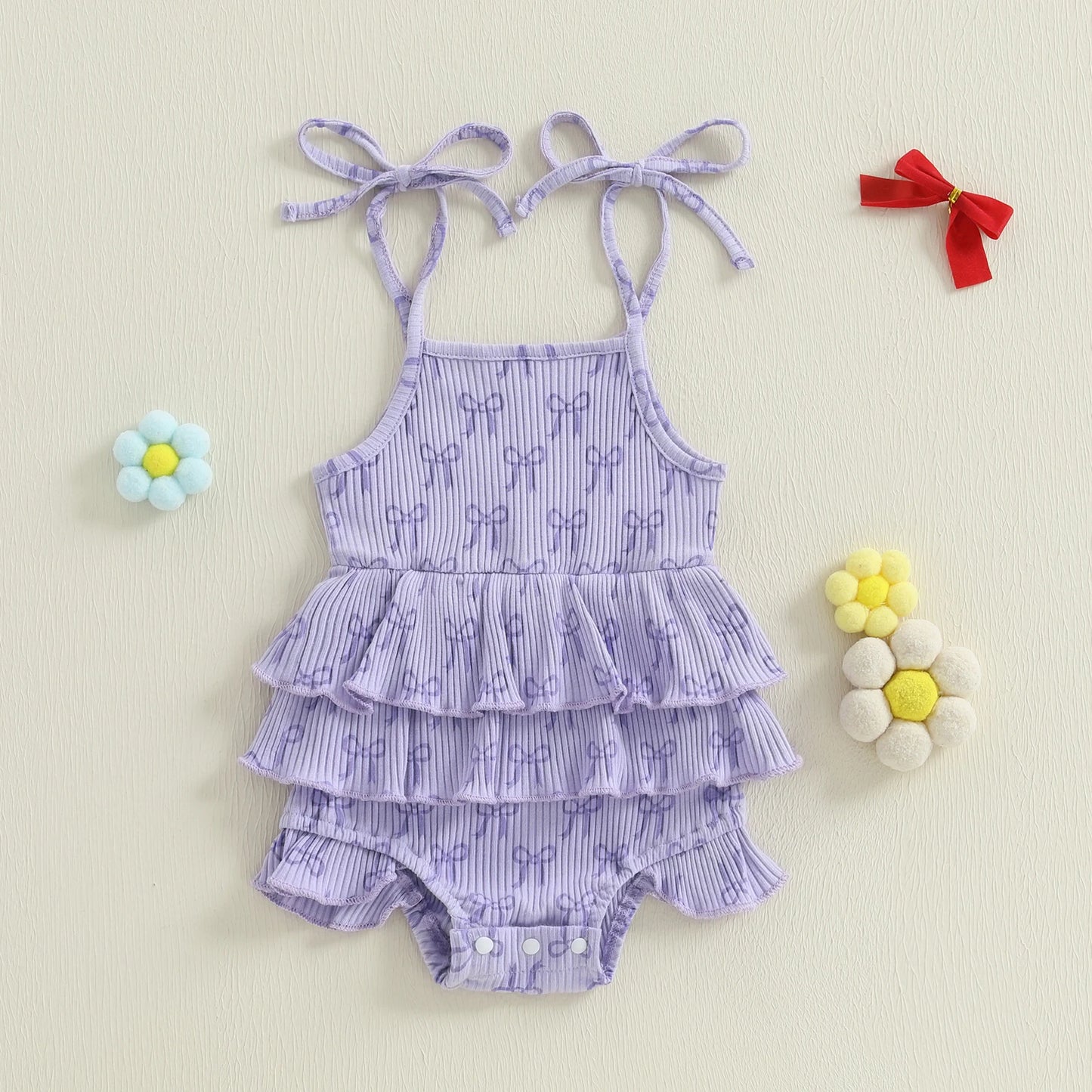 Bow Print Layered Ruffle Spaghetti Strap Baby Romper