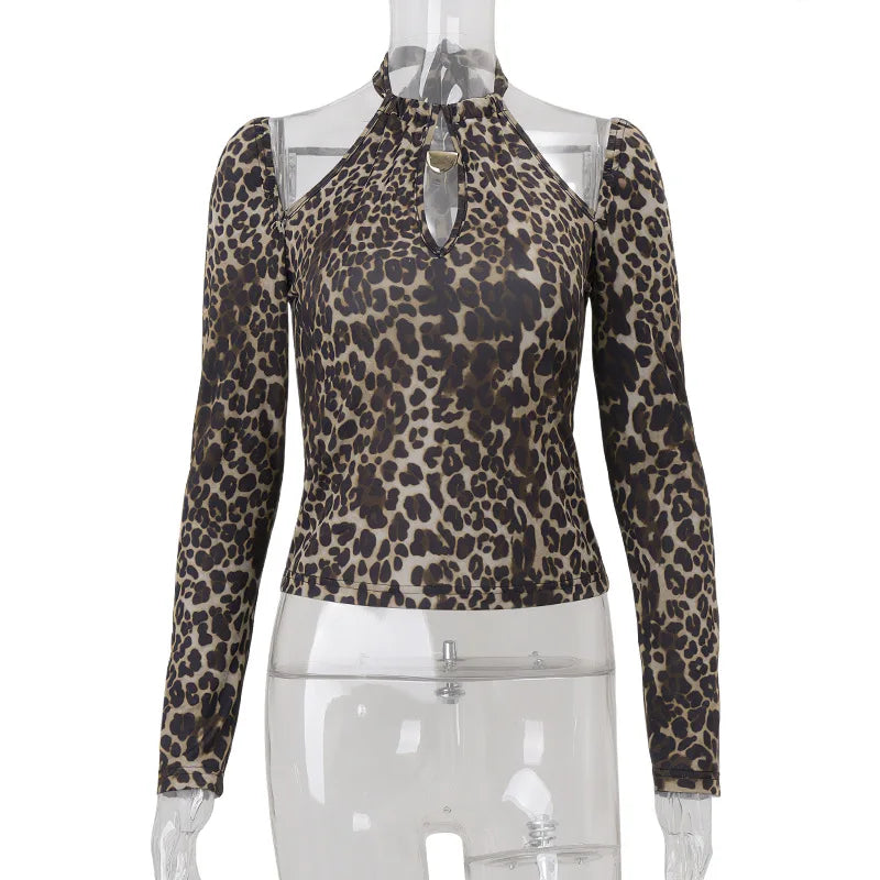 Women's Halter Lace Up Leopard Print Top - Long Sleeve Cut Out Cropped Streetwear