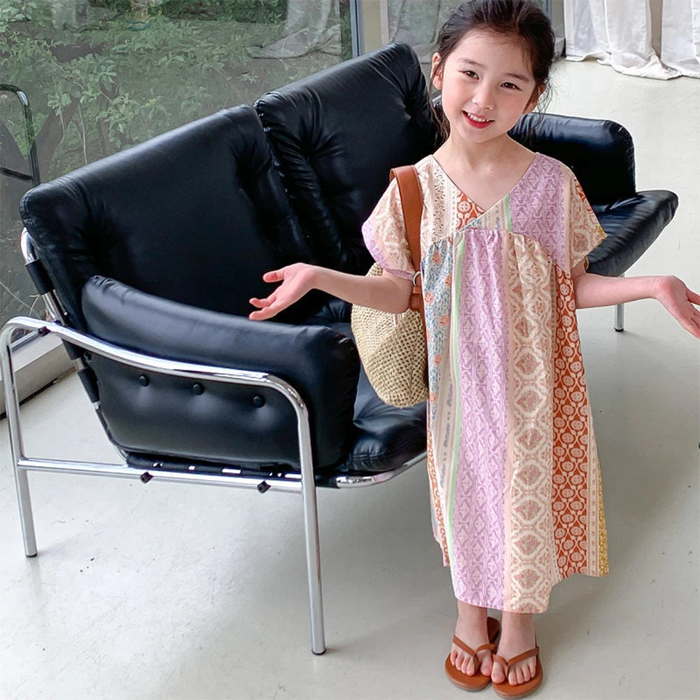 Girl's Summer V-neck Geometric Pattern Printed  Beach Casual Dress