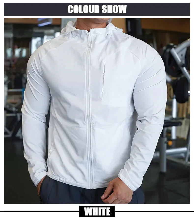 Men's Nylon Sport Coat Gym Fitness Hoodies Outdoor Workout Tops Hooded Training Running Zipped Jacket