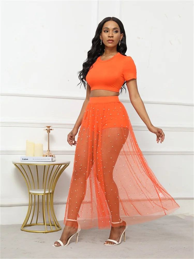 Women's Three-piece Skirt Set, Short Sleeve Crop Top & Shorts & A-line Illusion Beaded Skirt Outfit