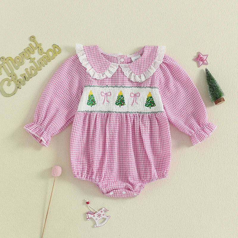 Baby Plaid Print Romper - Long Sleeve Bow Embroidery Doll Collar Jumpsuit