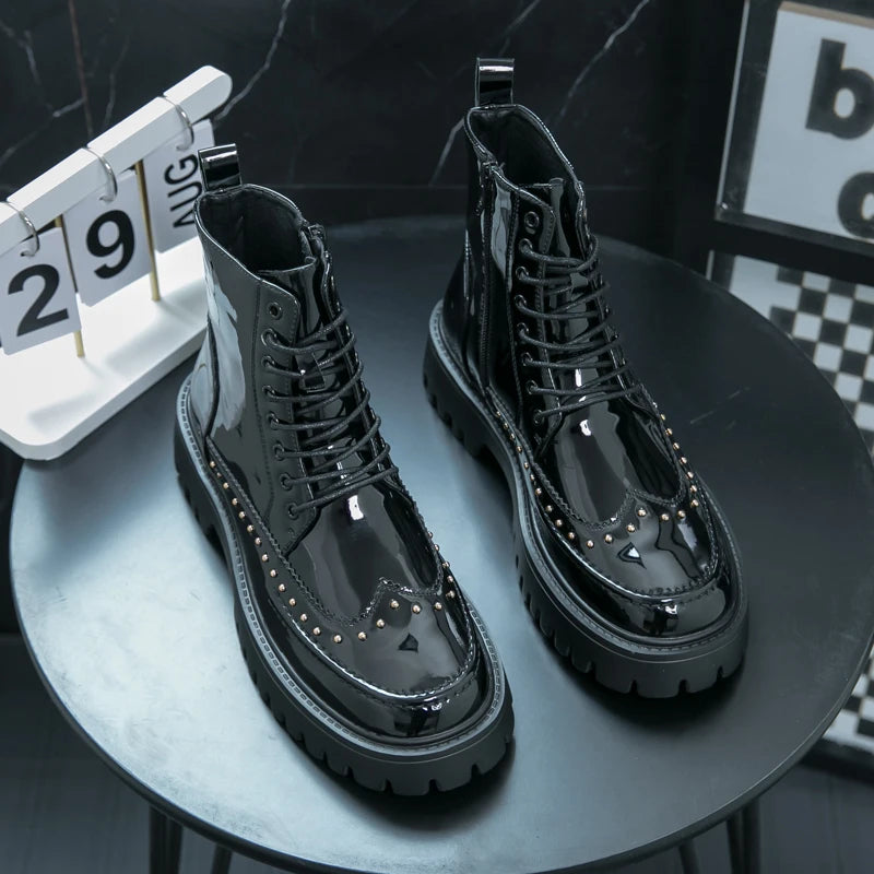 Platform Leather Boots - Men's Motorcycle Style Thick Sole Dress Sneakers