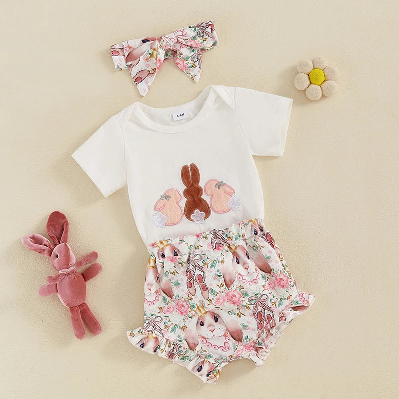 3pcs Baby Girls Easter Clothes Sets 0-18M Rabbit Print Short Sleeve Romper and Shorts Cute Headband