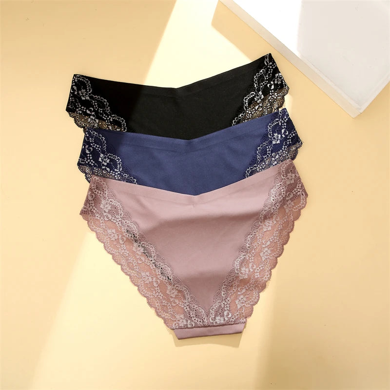 Women's 2Pcs Seamless Stretch Underwear Lace Floral Panties Recycled Materials Breathable Briefs Low Waist Comfort Lingerie