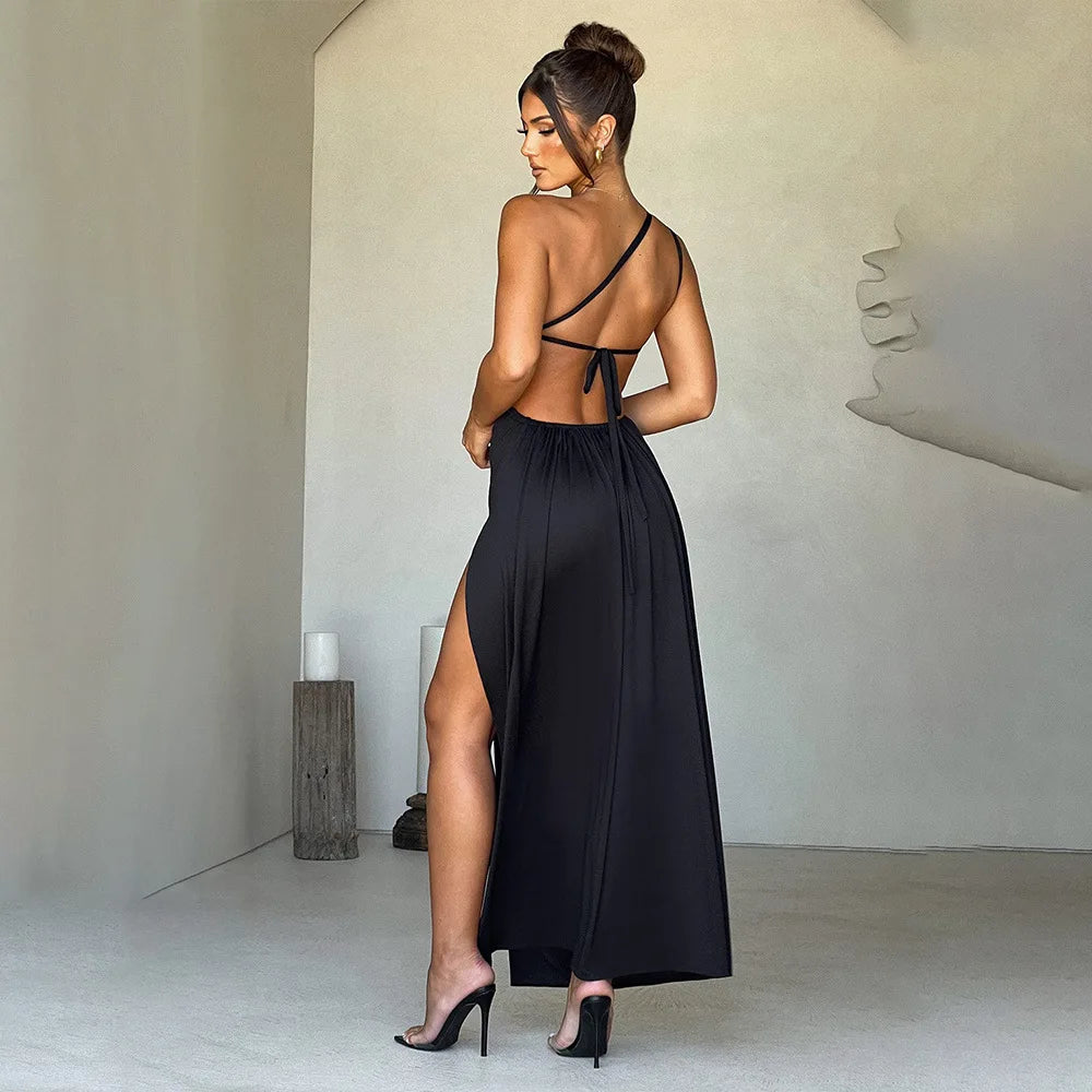 One Shoulder Split Maxi Dress - Women Backless Tie Detail Dress