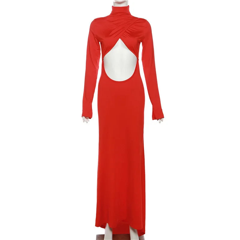 Women's Cut Out Maxi Dress Long Sleeve Ruched Backless Gown Dress