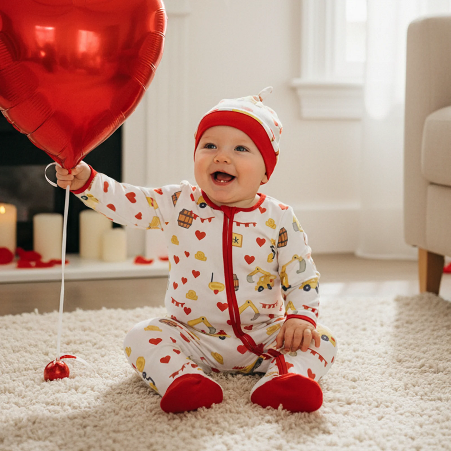 Baby Boys Girls Valentine's Day Romper Set - Excavator Heart Print Jumpsuit with Hat 0-18M