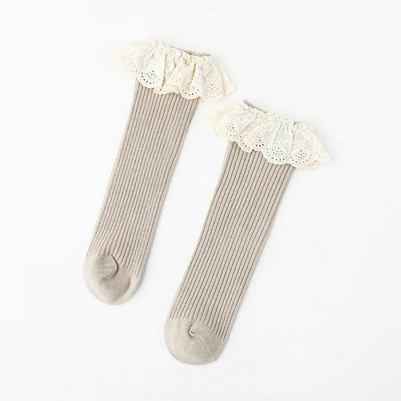 Baby Girls Lace  Stocking Ribbed Knit Non-slip Medium Tube Stockings