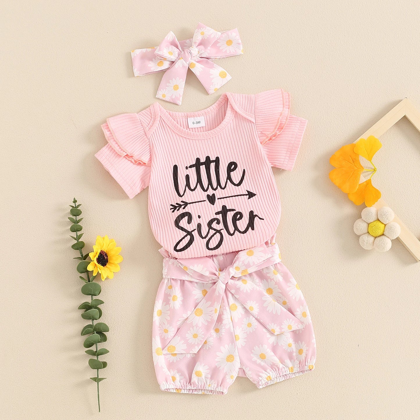 0-24M Baby Girls Summer Clothes Sets 3pcs Letter Print Short Sleeve Romper Sunflowers Shorts with Belt Headband