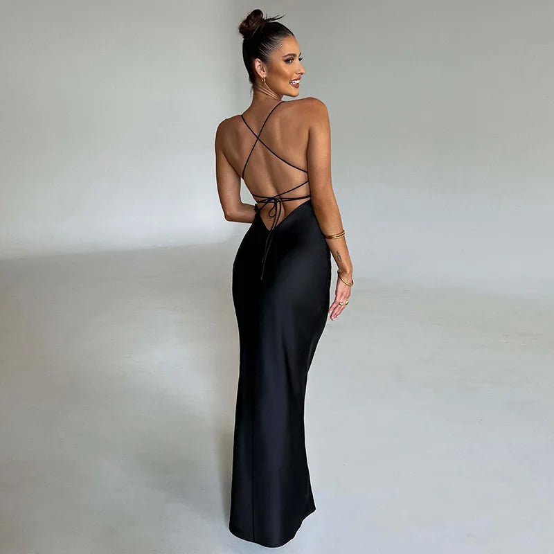 Women Backless Bandage Party Maxi Dress - Satin Fall Outfits Elegant Gown Lace Up Slip Dress