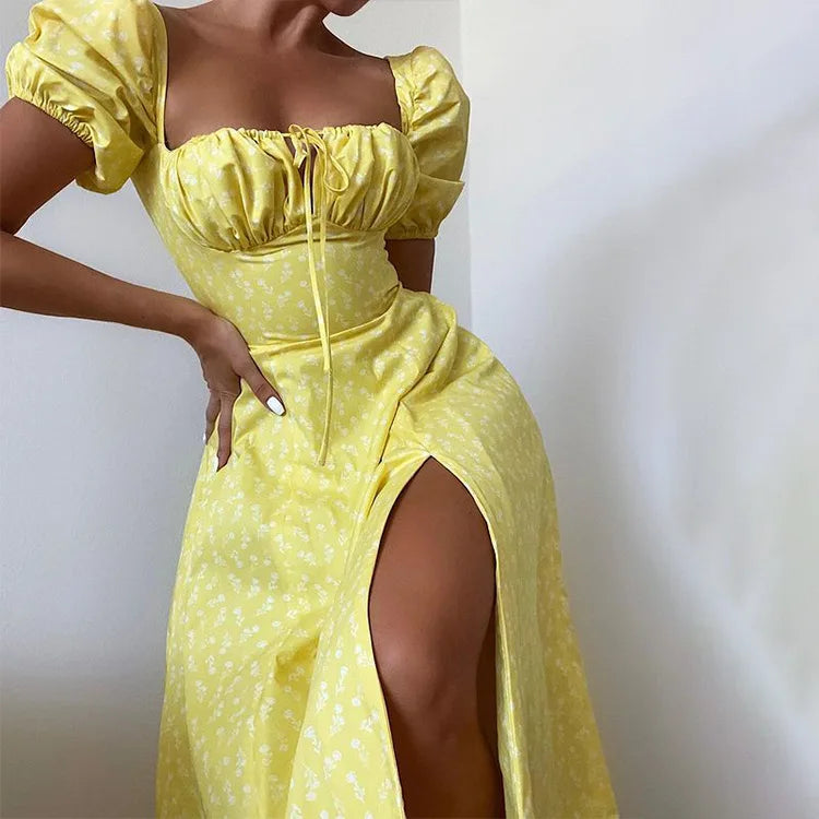 Dress Summer Fashion White Elegant Ladies Backless Clothes Puff Sleeve Floral Print Slit Long Dresses For Women New Arrival 2023