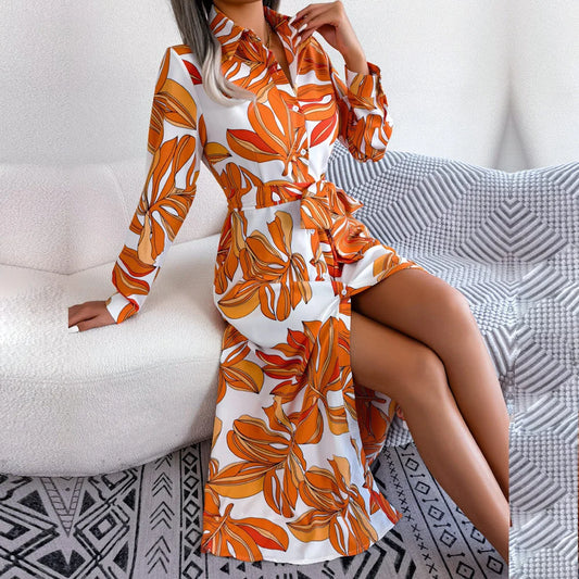 Women's Spring Summer Contrast Floral Polo Collar Lace Up Shirt Single Breasted Long Dress