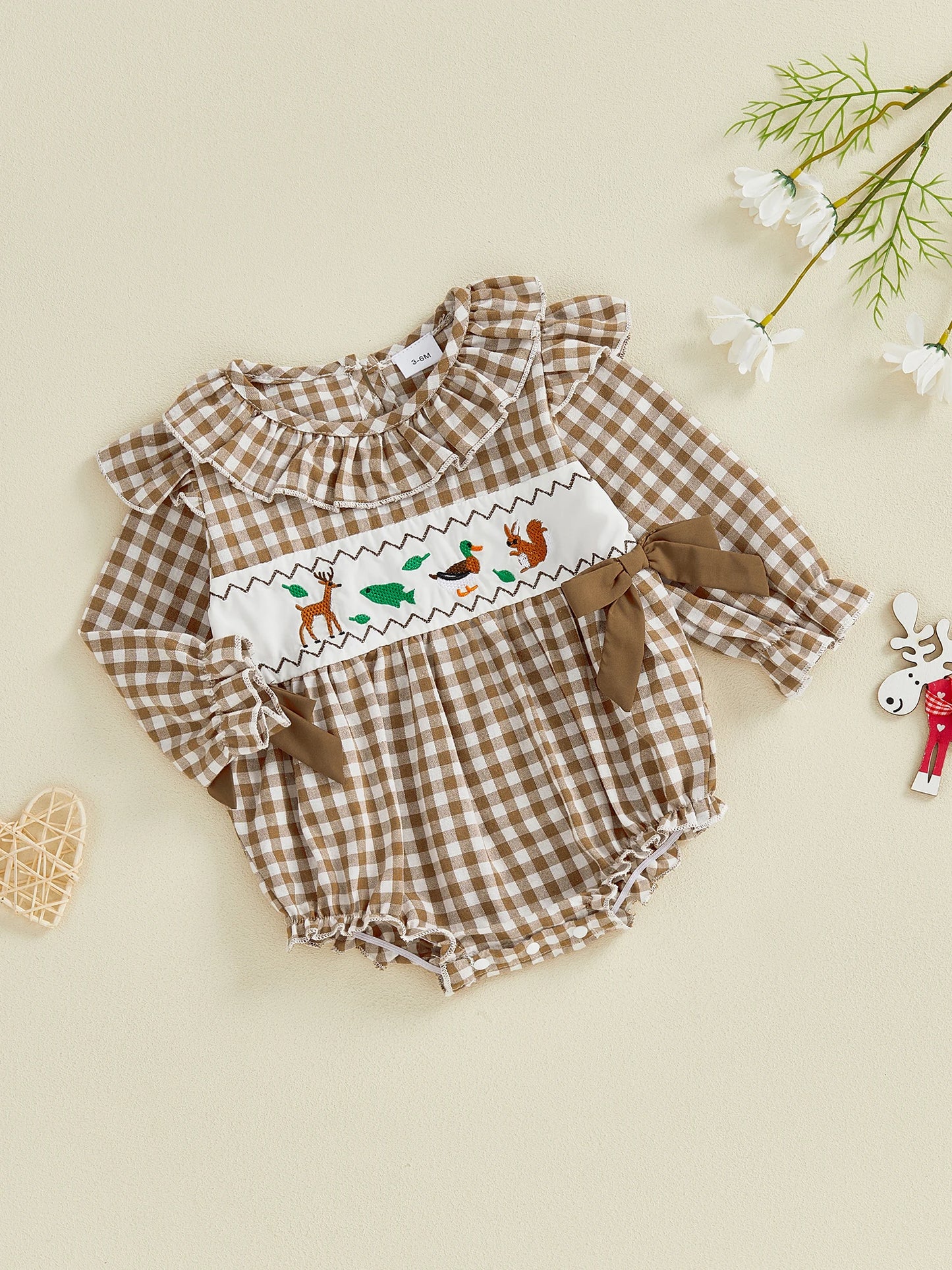 Baby Girls Boys Autumn Winter Plaid Long Sleeve Ruffle Collar Animal Embroidery Romper