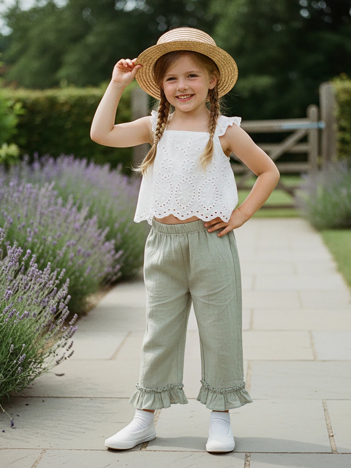 Girls Spring Outfit Set - Lace Ruffle Sleeveless Top & Wide Leg Pants (2-7Y)