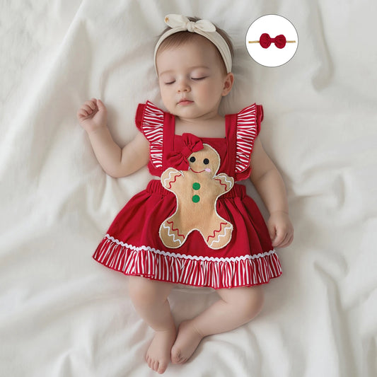 Baby Girls Christmas Romper Dress - Gingerbread Man Flying Sleeve Jumpsuit with Bow Headband (0-18M)
