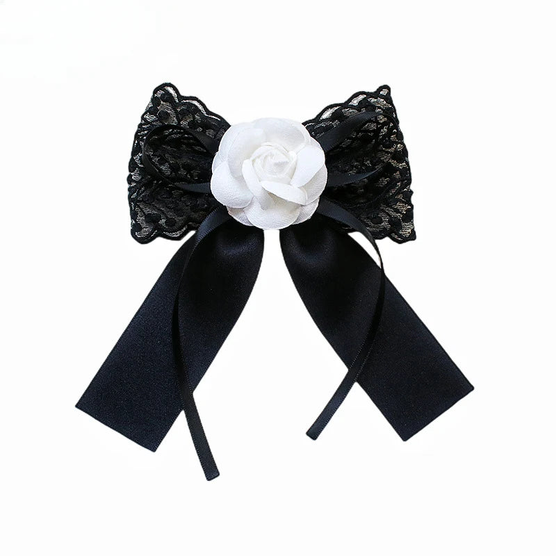 Black Fabric Bow Brooch - College Style Crystal Collar Pin