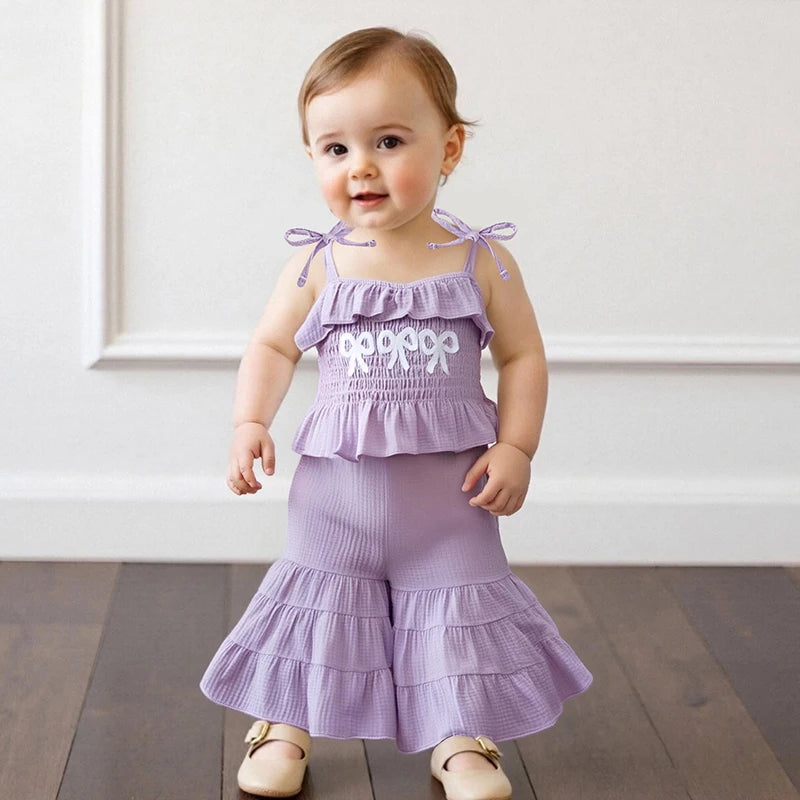0-6Y Kids Girls Summer Clothes Set Bow Embroidery Tie-Strap Tank Top with Solid Color Flare Pants