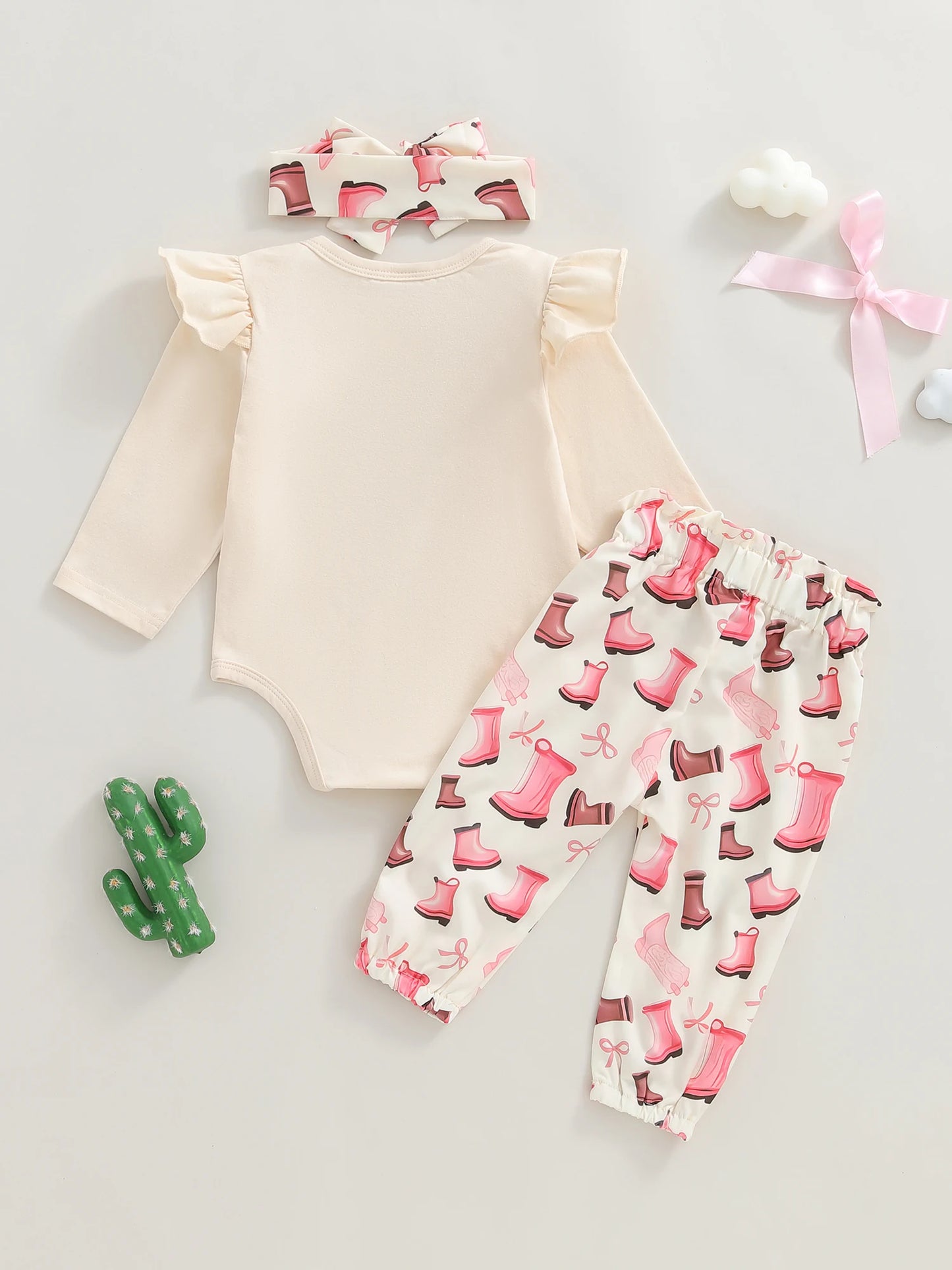 Baby Girls Western Fall Winter Outfit Set - Long Sleeve Romper, Boot Print Pants & Bow Headband (0-18M)