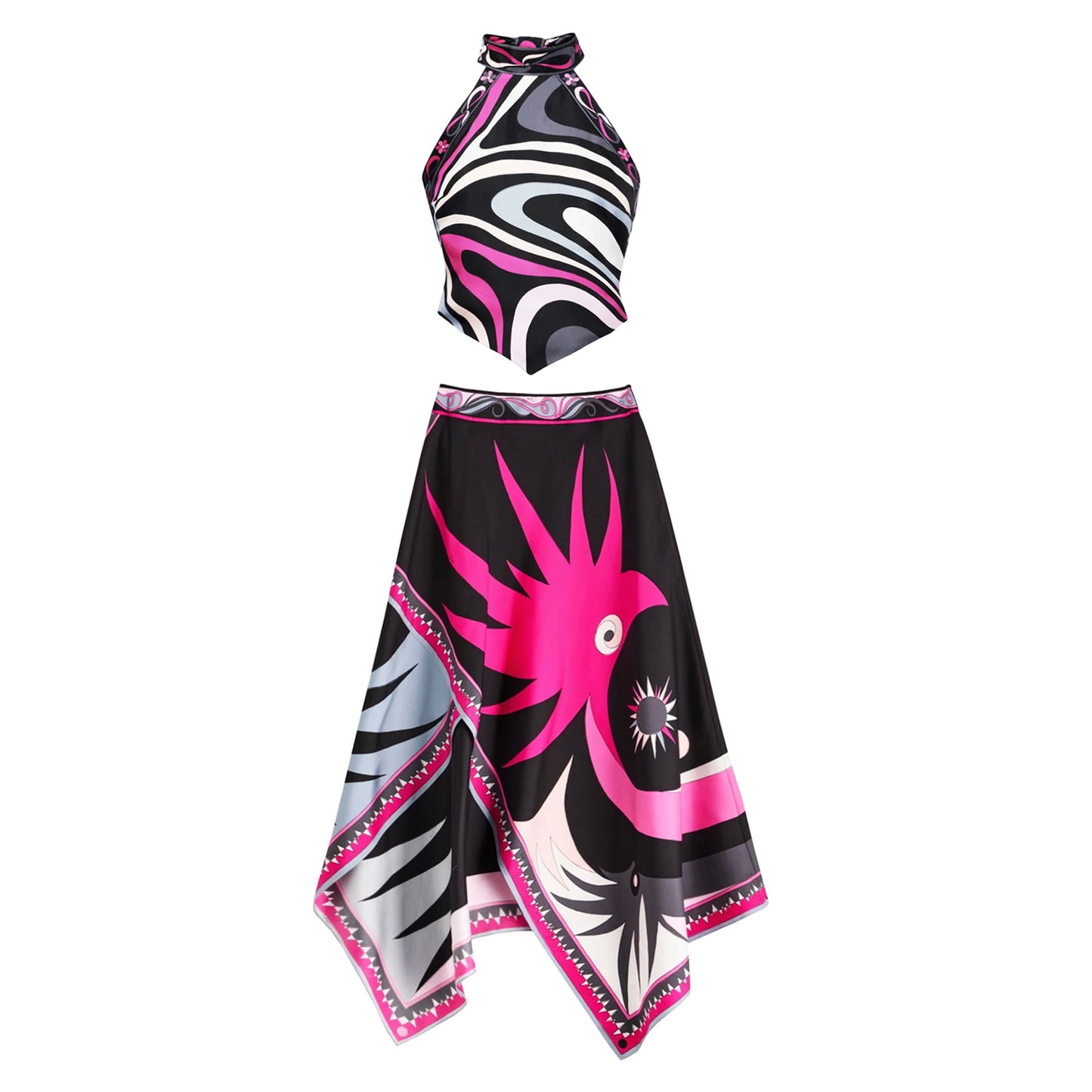 Women's Print Two Piece Skirt  Halter Beach Dress  Bra High Waist A-line Long Skirt Suit Summer  Set
