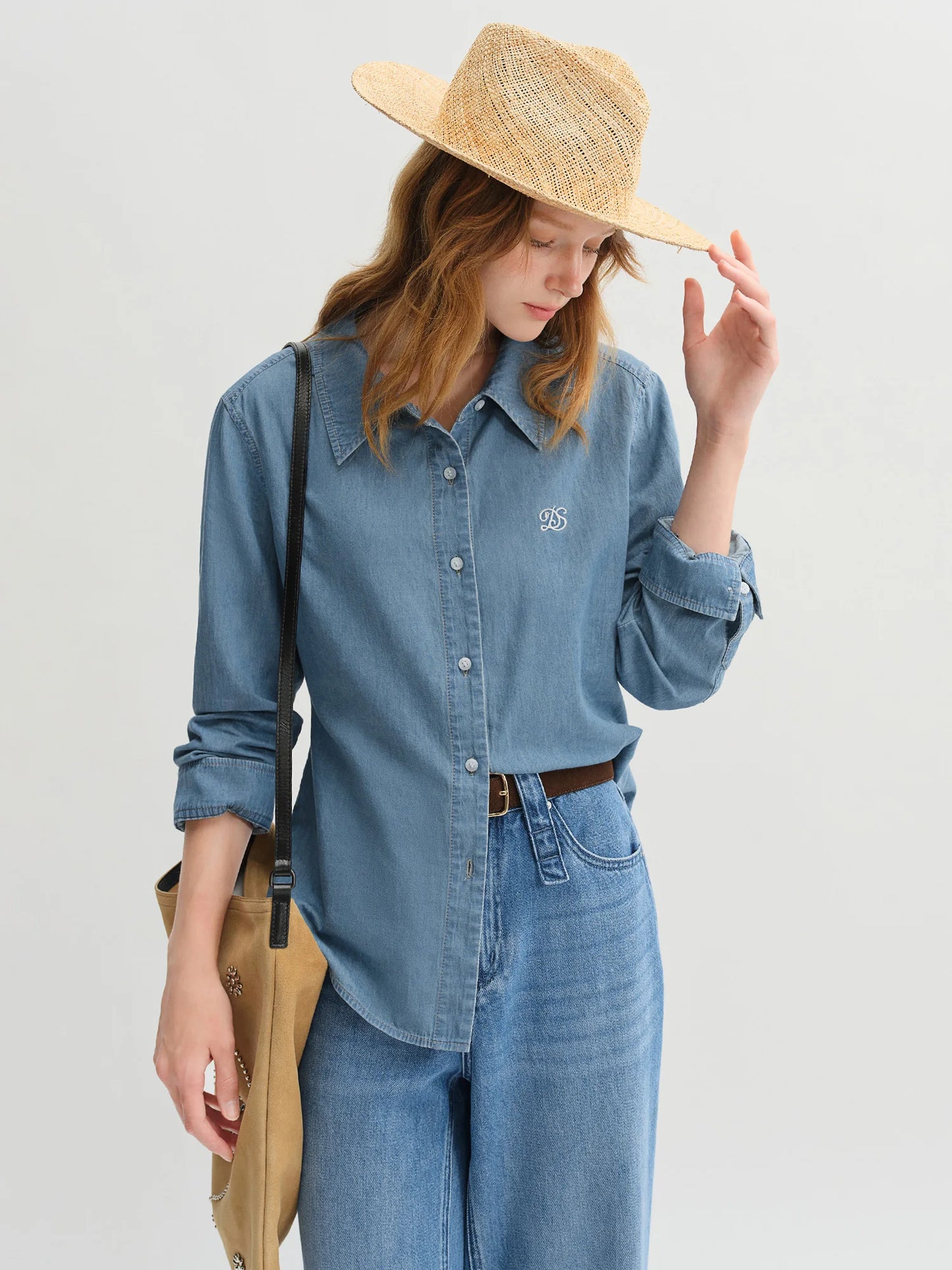 Women's Plus Size Double Collar Denim Shirt - French Style Autumn Top