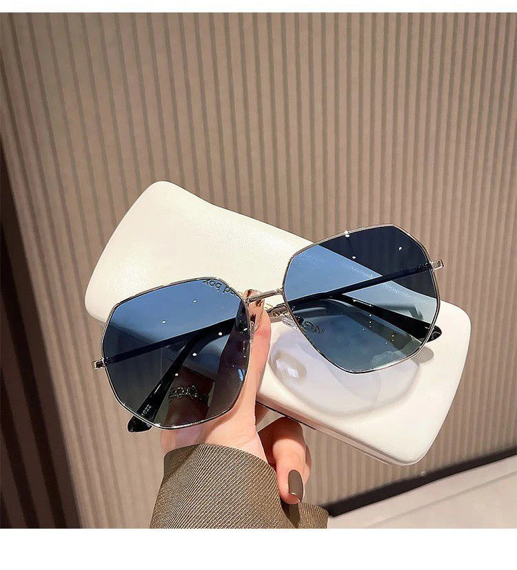 Unisex Transparent Blue Sunglasses - Large Frame Polygonal Metal Eyewear