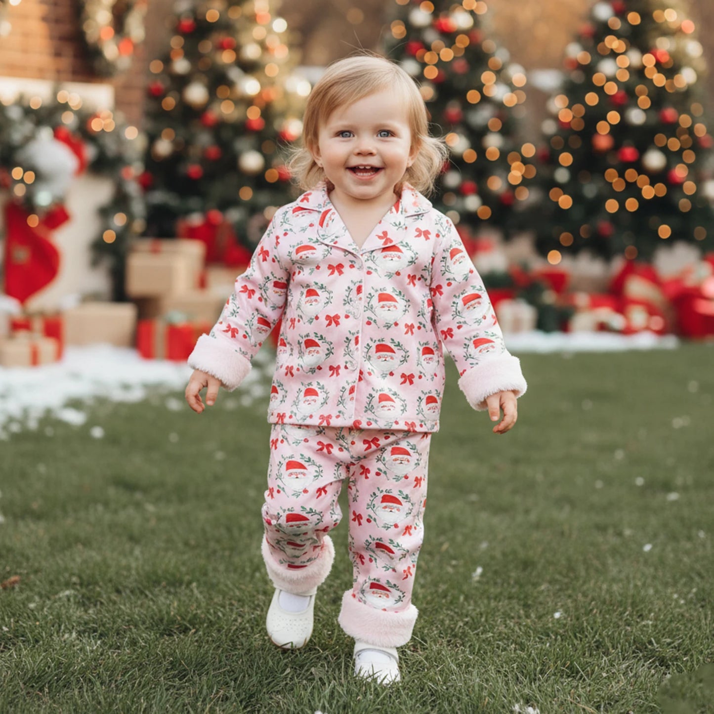Toddler Girls Christmas Pajamas Set - Santa Claus Bow Print Long Sleeve Top & Pants 1-5Y