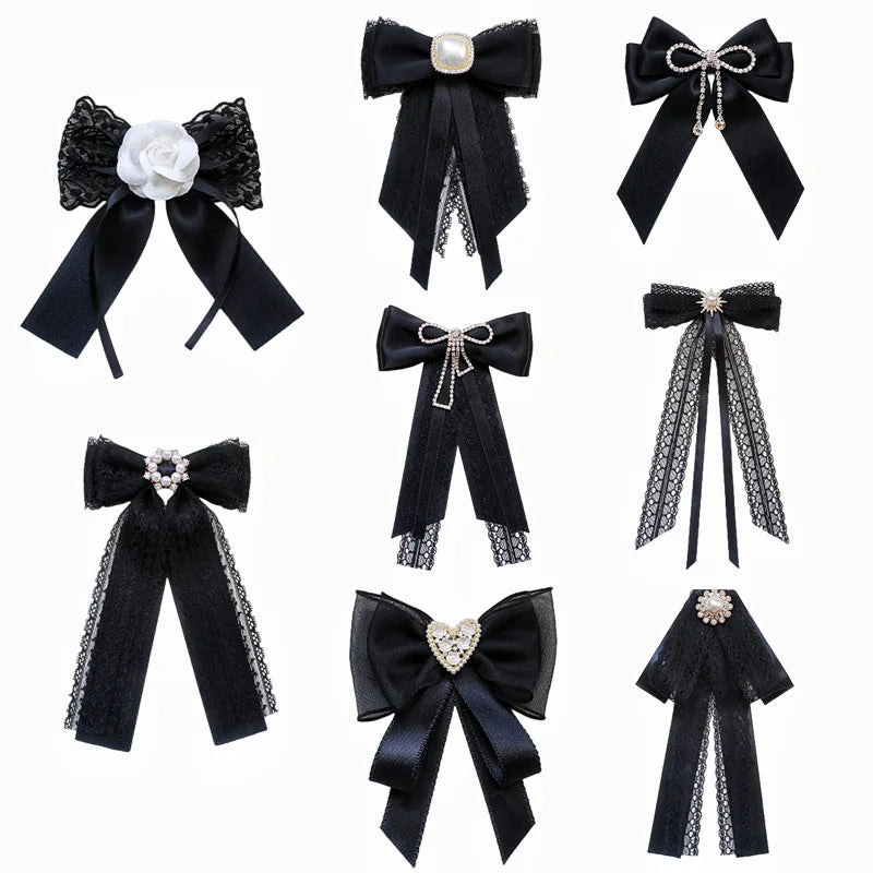 Black Fabric Bow Brooch - College Style Crystal Collar Pin