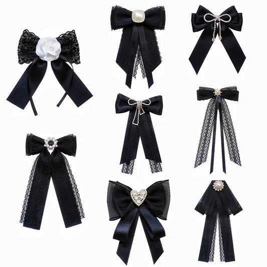 Black Fabric Bow Brooch - College Style Crystal Collar Pin