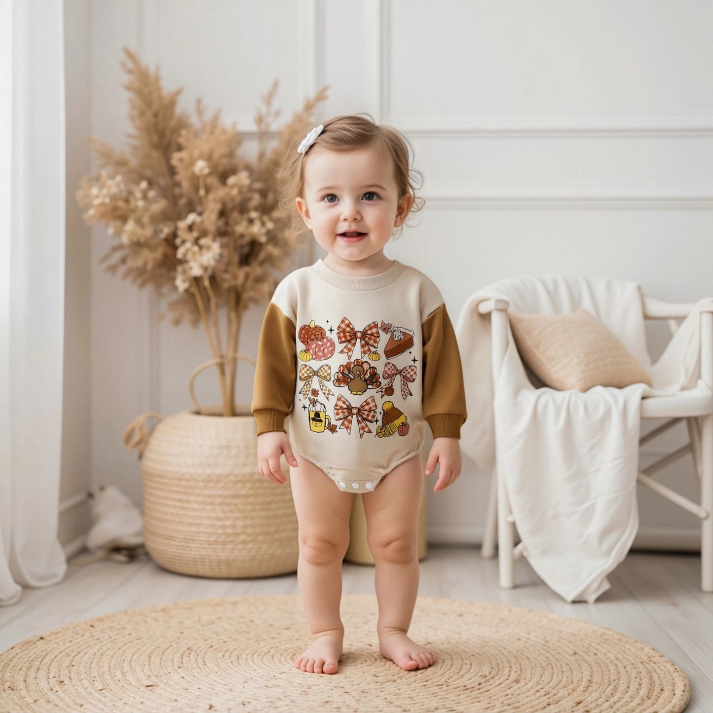 Baby Thanksgiving Romper - Bow Turkey Print Long Sleeve Bodysuit