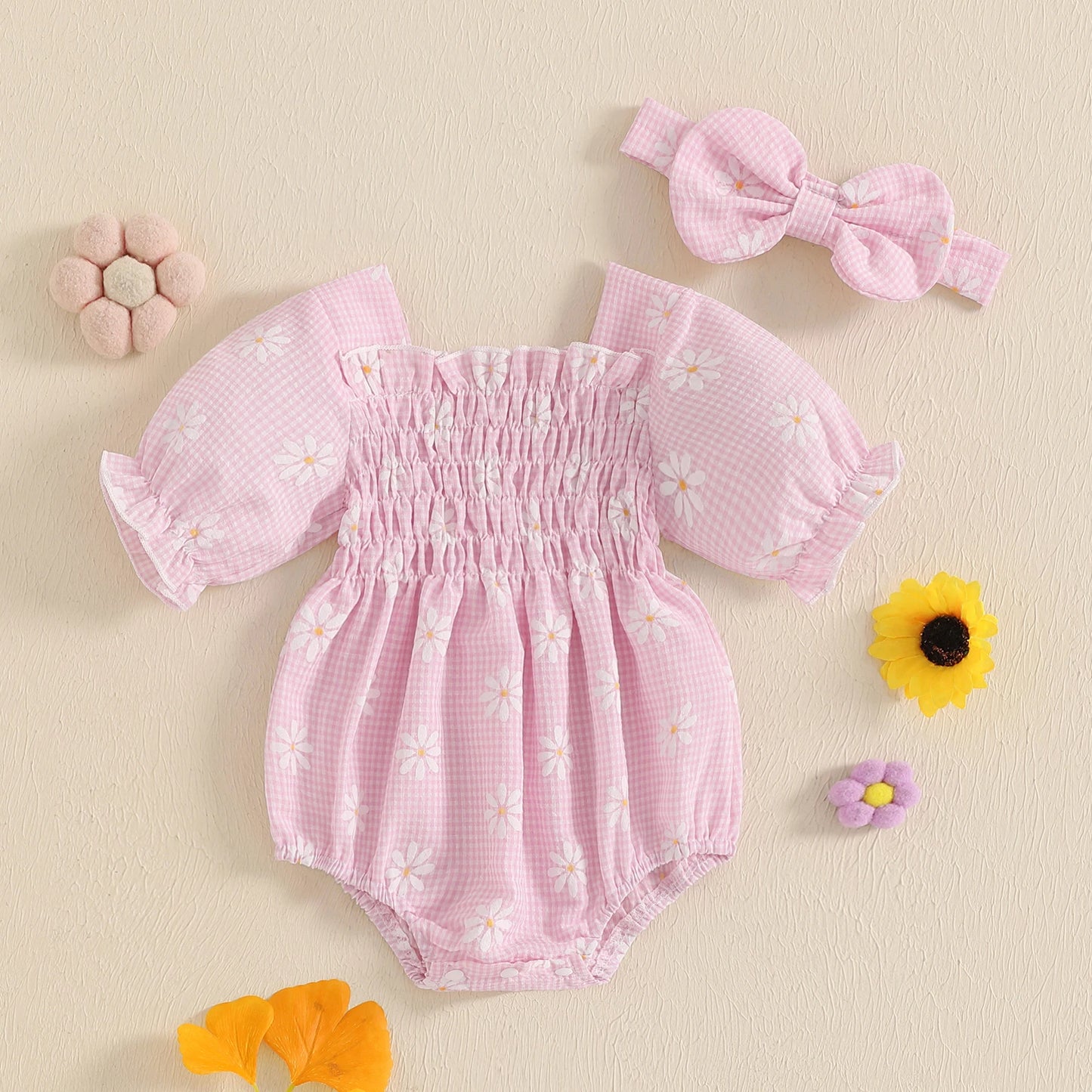 Baby Girls Romper Set with Headband - Plaid Flower Print Short Sleeve Bodysuit 2-Piece