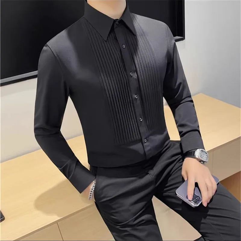 Men's Long Sleeve Pleated Fold Tuxedo Shirt