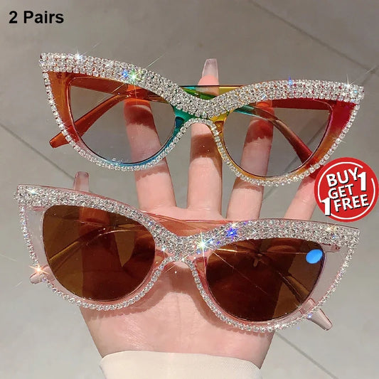 2 Pairs Vintage Cat Eye Sunglasses with Rhinestones Women Fashion Decor Shades Trendy Outdoor Sunglasses