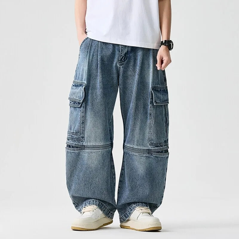 Men's Wide Leg Denim Jeans - Vintage Casual Loose Fit Trousers