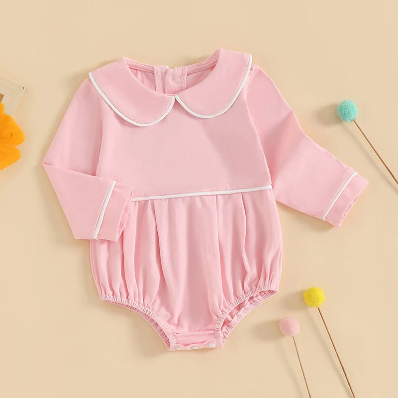 Baby Romper with Doll Collar - Long Sleeve Contrast Line Bodysuit