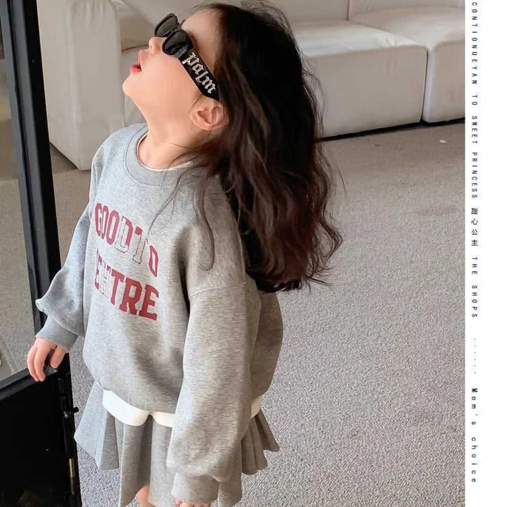 Girl's Printed Letter Hoodie and Pleated Skirt 2PCS Set